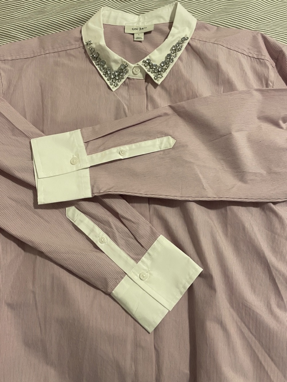 ON 34•7 Embellished White-Collar Pink Stripe Button-Down Shirt